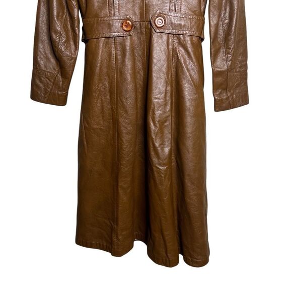 Vintage 70s Leather Wet Look Light Brown Trench Coat Womens - Picture 6 of 8